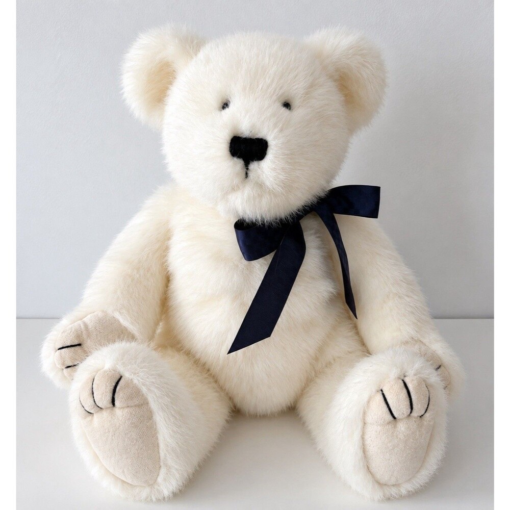 TBC Ltd White Teddy Bear Plush Navy Blue Ribbon New Without Tags NWOT